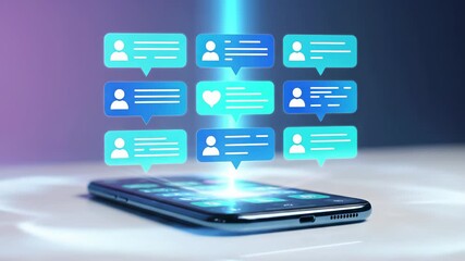 Smartphone with social media message bubbles floating above screen. Digital communication interface with user profile icons and text notifications. Mobile technology concept for online messaging - Powered by Adobe