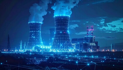 An industrial nuclear power station glows at night, featuring chimneys releasing steam into the evening sky near a city energy plant with pipes and modern technology for fuel production