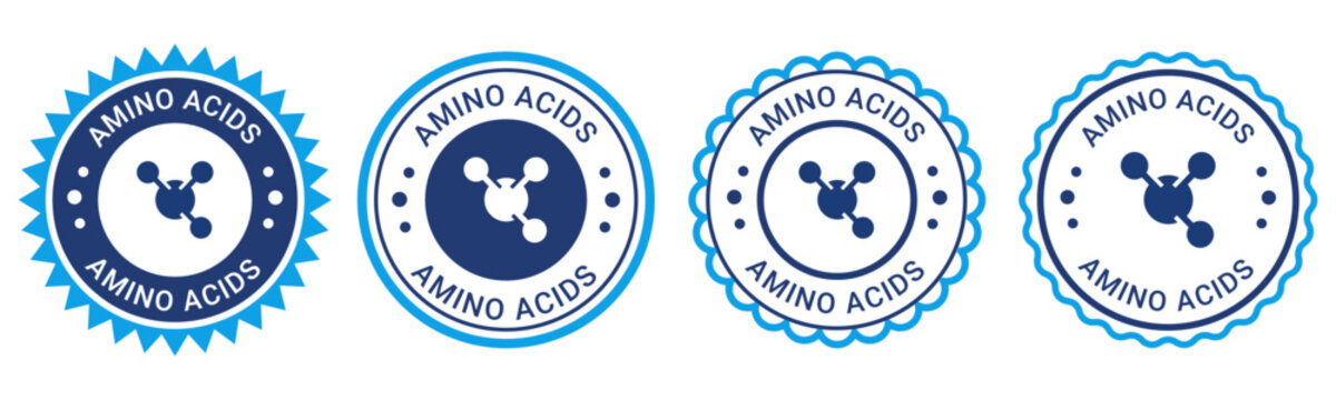 Amino Acids Nutrition Supplement Molecule Blue Badge Icons for Fitness Sports and Health Products