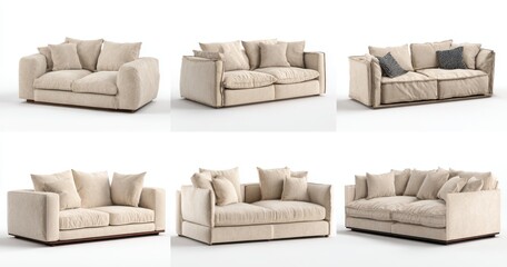 A set of beige fabric sofas in different poses and angles, on a white background