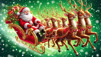 Santa Claus and his reindeer against a green background. The reindeer are flying.