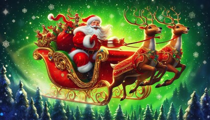 Santa Claus and his reindeer against a green background. The reindeer are flying.