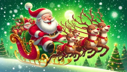 Santa Claus and his reindeer against a green background. The reindeer are flying.