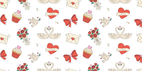 Valentines Day seamless pattern with romantic swans, hearts, roses, and love letters © Tamila