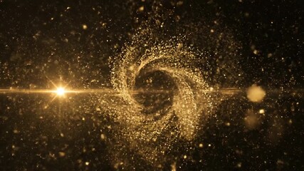 Dynamic golden particles exploding and swirling in a mesmerizing abstract motion against a dark background illuminated by a bright lens flare creating a magical and celebratory visual effect perfect .