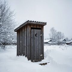 Wooden outhouse in snowy rural landscape during winter  