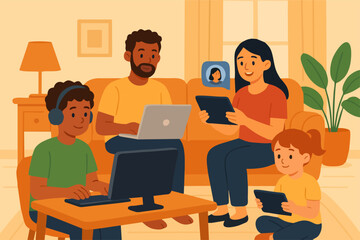 Family Using Digital Devices Together at Home for Learning and Communication