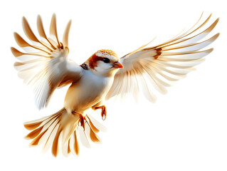 Small Sparrow Flying with Wings Spread Isolated on White