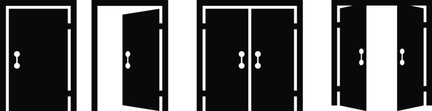 Door icons set. Open, close and ajar door. Doors collection. Opened entrance door set flat style - stock vector.