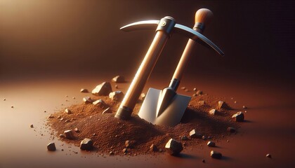 A shovel and a hoe are placed on the ground. (Realistic illustration.)