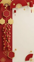 Elegant vertical banner with a clean cream center, decorated with red firecrackers, fans, and geometric lanterns on the side.