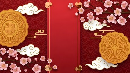 Festive background for the Mid-Autumn festival featuring mooncakes, cherry blossoms, and stylized clouds on a red and gold background.