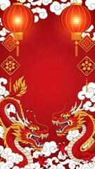 Vertical banner featuring a pair of red dragons, traditional lanterns, and white clouds on a vibrant red background. Perfect for Lunar New Year greetings.