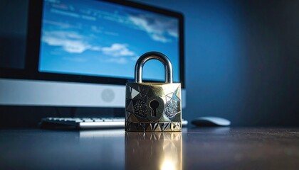 Metallic padlock on desk in front of computer monitor with blue cloud wallpaper, symbolizing digital security.