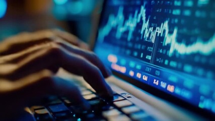 Close up of a person typing on a laptop with data analysis charts on the screen. This footage captures digital transformation. Generative AI - Powered by Adobe