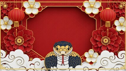 Horizontal frame with a cute cartoon snake character dressed in traditional attire, surrounded by flowers and lanterns.