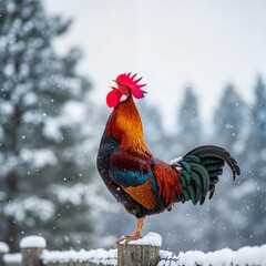 Colorful rooster crowing in snowy landscape with evergreen trees  