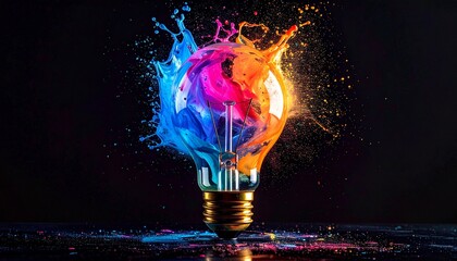 Light bulb bursting with colorful paint splashes on dark background, symbolizing creativity and bright ideas.