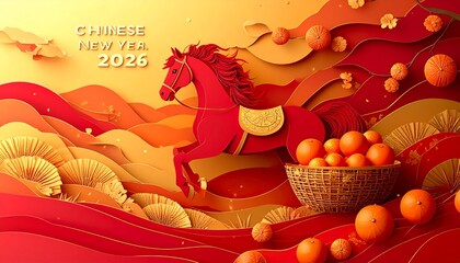 Chinese New Year 2026 banner Year of the Horse zodiac vector illustration festive celebration background with oranges and layered paper style chinese new year. shio horse