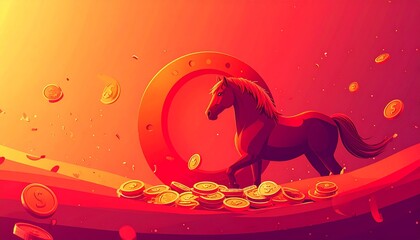 Vector graphic representing gambling prosperity a powerful horse stands over stacks of wealth under a golden horseshoe sign of ultimate luck and fortune chinese new year. shio horse