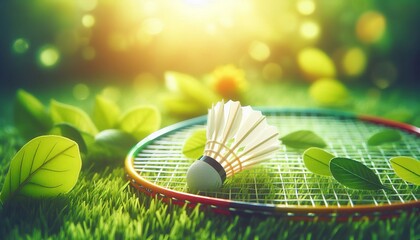 Colorful shuttlecocks and badminton rackets on a green grass field, with lighting.