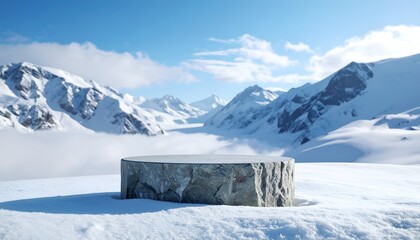 A panoramic view of majestic snow-capped mountains with a solitary stone table amid a serene snowy landscape