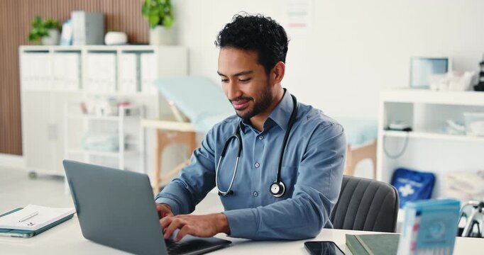 Medical, typing or man in hospital with laptop, agenda check or patient review in online consulting. Healthcare, smile or doctor with tech, telehealth and surgery schedule in treatment plan.