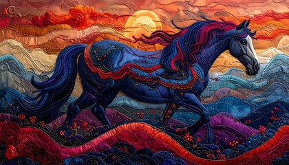 Stunning stitched quilt artwork featuring a powerful navy blue steed running against a vibrant abstract sunset horizon chinese new year. shio horse