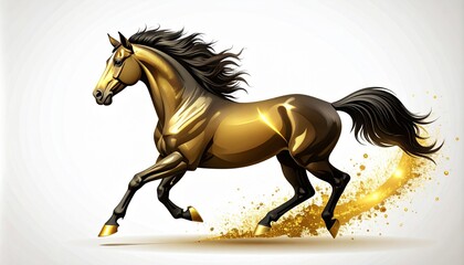 Dynamic illustration of a galloping majestic golden horse with shimmering bronze body and flowing black mane creating a trail of golden powder chinese new year. shio horse