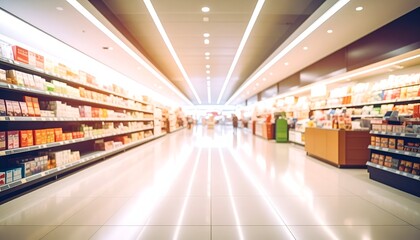 A well-lit, spacious aisle of a retail store lined with shelves full of varied products and merchandise