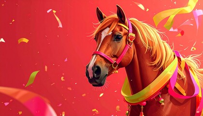 Stunning artwork of a magnificent brown horse decorated with victory ribbons and colorful confetti on a bold red background representing celebration festivals and the Lunar New Year holiday spirit
