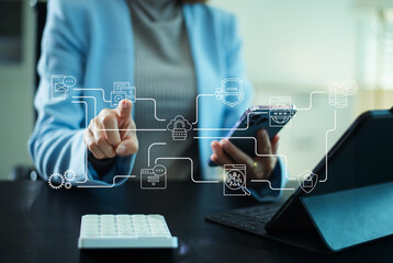 Cloud cybersecurity and secure data workflow with VPN, encryption, mobile access, and digital protection technology for business, cloud computing, and online privacy.