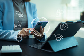 Cybersecurity and mobile data protection concept with VPN, API security, encryption, and digital privacy technology for secure business, cloud computing, and online protection.