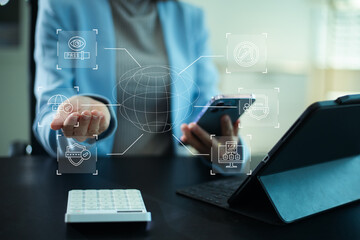 Cybersecurity and mobile data protection concept with VPN, API security, encryption, and digital privacy technology for secure business, cloud computing, and online protection.