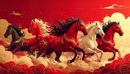 Majestic eight galloping horses running through swirling clouds on a vibrant red background traditional Chinese art style illustration chinese new year. shio horse