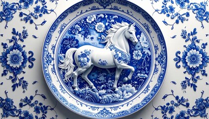 Majestic white horse relief sculpture centered on an ornate blue and white porcelain plate intricate floral pattern Chinoiserie style elegant ceramic artwork chinese new year. shio horse
