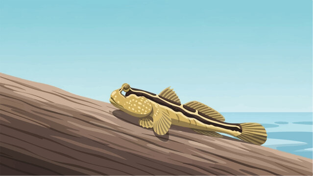 An illustrated mudskipper with black stripes and spots rests on a log by the water's edge