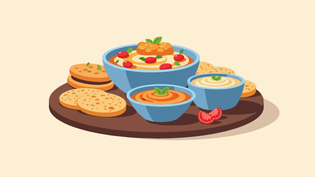 An illustrated platter of dips and crackers on a wooden board, garnished with fresh toppings