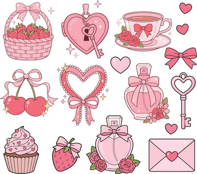 Cute Pink Coquette Aesthetic Illustration Set with Strawberries, Perfume, and Hearts