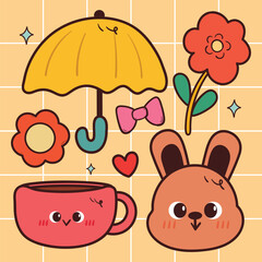 Fototapeta premium set of cartoon bunny with cute element drawing for sticker