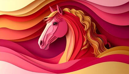 Dynamic Paper Cut Pink Horse Head Art Illustration Abstract Design with Golden Mane and Wavy Red Orange Layered Background chinese new year. shio horse