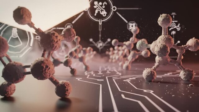 Abstract Molecular Structures Displayed on Circuit Board Technology Background