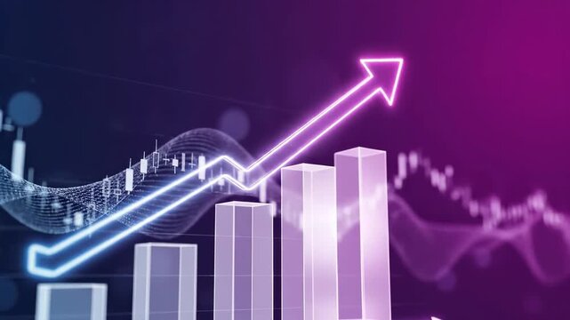 Financial growth chart with ascending bar graph and upward trend arrow. Business analytics visualization with candlestick patterns and data metrics. Market performance indicators for investment