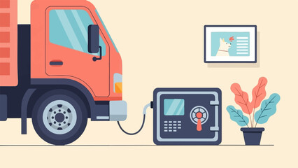 An illustration of a red truck connected to a safe, with a plant and a framed picture in the room