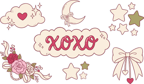 Cute Celestial Valentine's Day Illustration Set with XOXO Cloud, Moon, and Bows