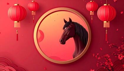 Celebrating Chinese New Year the Year of the Horse festive background with noble equine portrait inside a round golden frame and traditional red lanterns chinese new year. shio horse