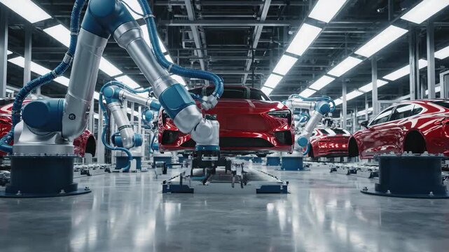 Automated electric vehicle assembly line with robotic arms working on a red car chassis