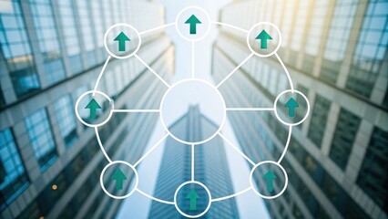 A blurred view of tall buildings with directional arrows, symbolizing upward growth and connectivity in a dynamic urban environment.