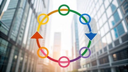 A vibrant diagram of a circular process set against a backdrop of modern skyscrapers, symbolizing innovation and dynamic systems in a business environment.