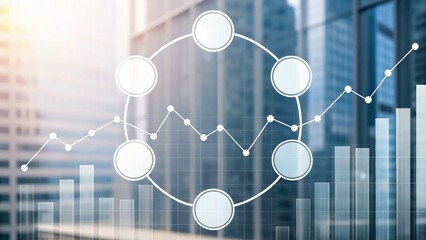 A digital illustration showing a data analysis concept, featuring graphs and circular nodes against a modern cityscape backdrop.